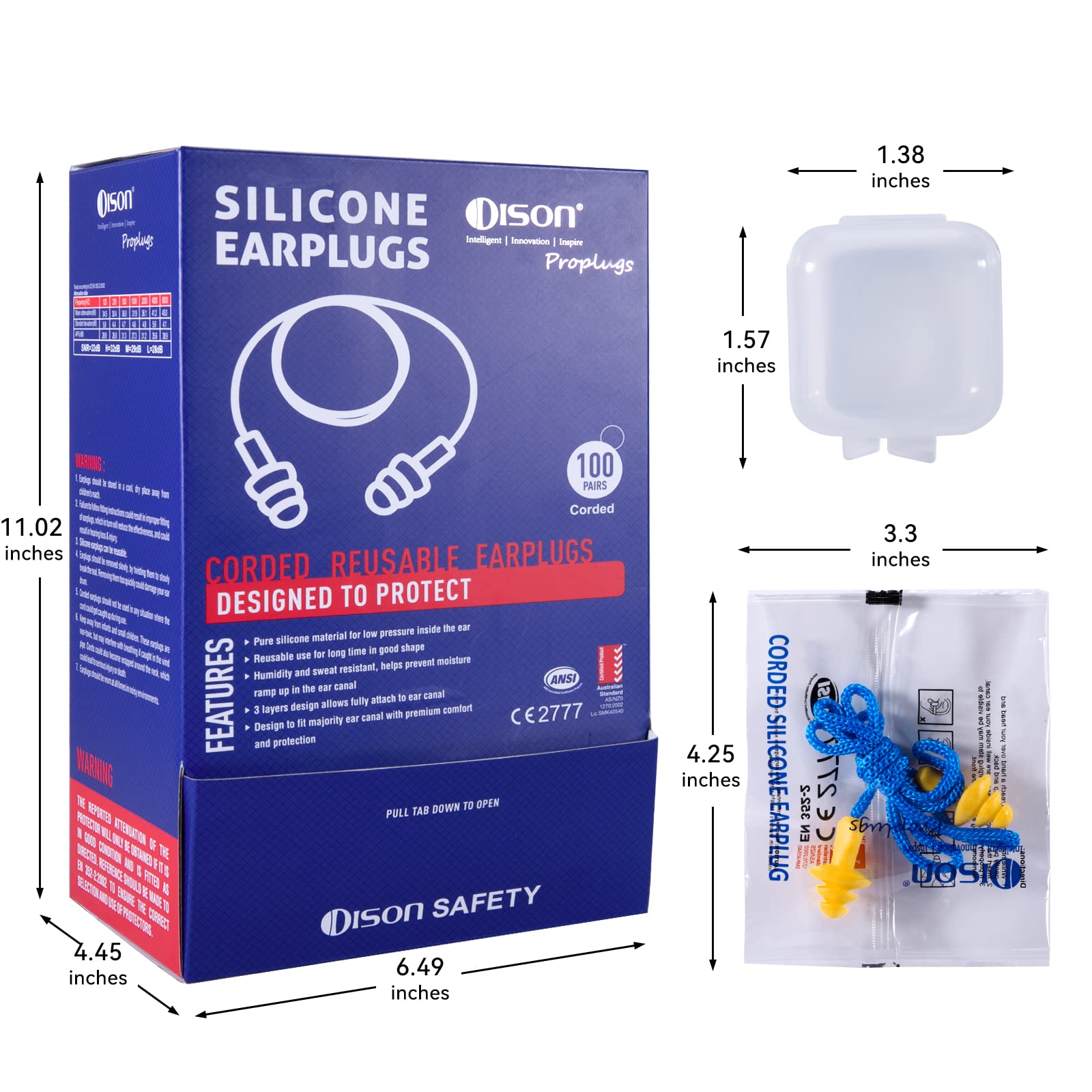 Dison 32dB ear plugs with ANSI CE certification for reliable hearing protection.
