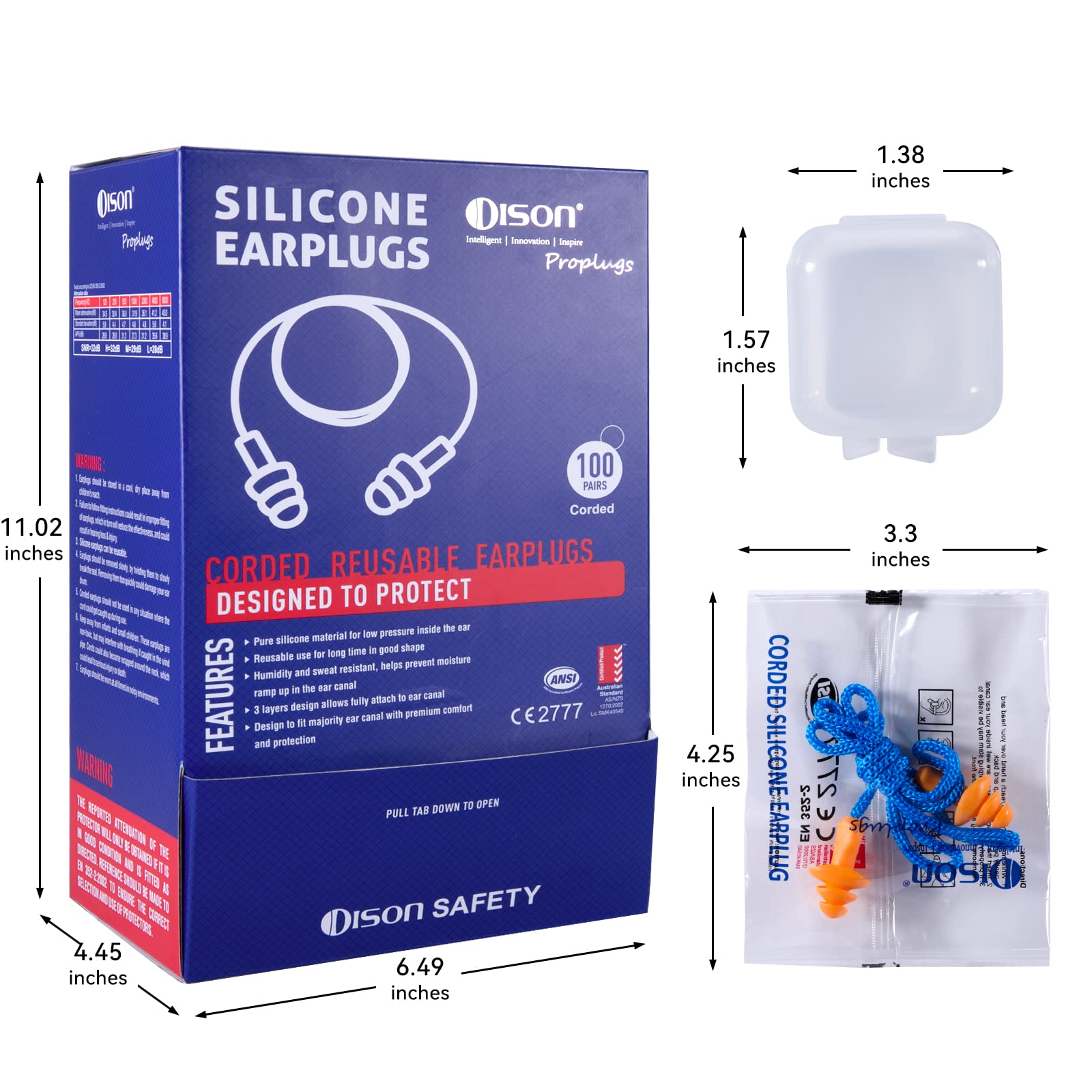 Dison corded earplugs worn around the neck for easy removal and access.