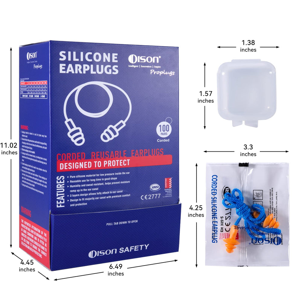 Dison corded earplugs worn around the neck for easy removal and access.