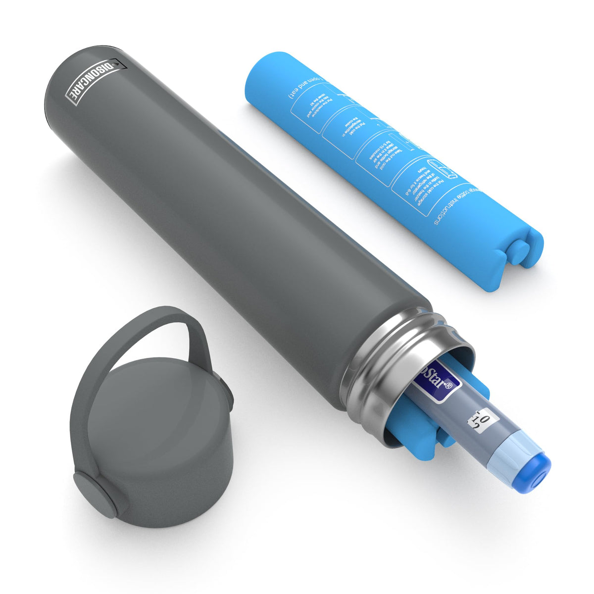 Disoncare Holiday insulin cooler outer case in gray showing durable travel protection
