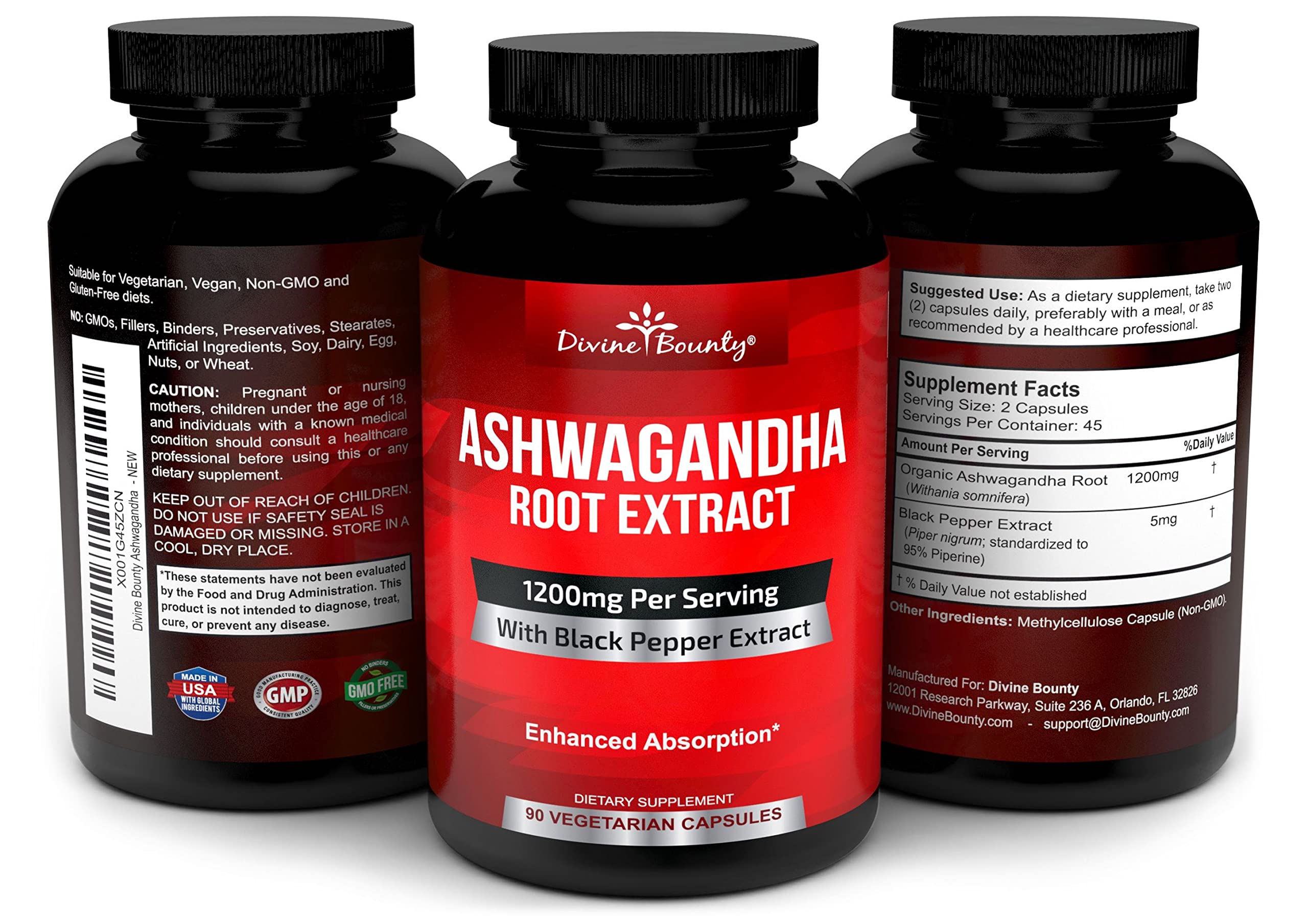 Divine Bounty Ashwagandha bottle side view for convenient routine.
