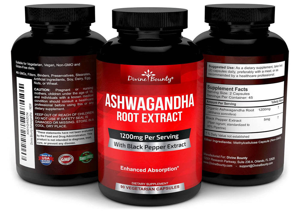 Divine Bounty Ashwagandha bottle side view for convenient routine.