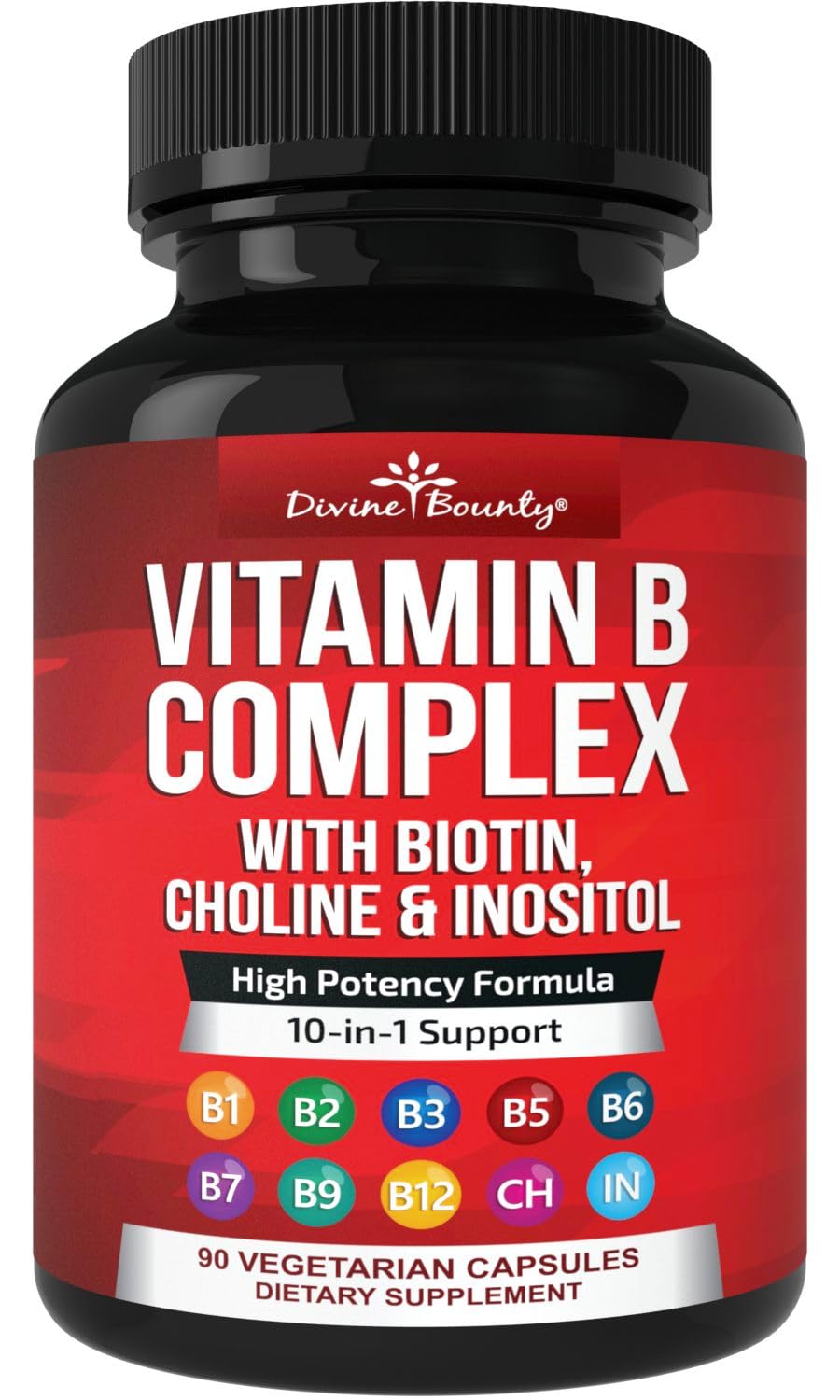 Divine Bounty B-Complex bottle front highlighting complete B vitamin coverage