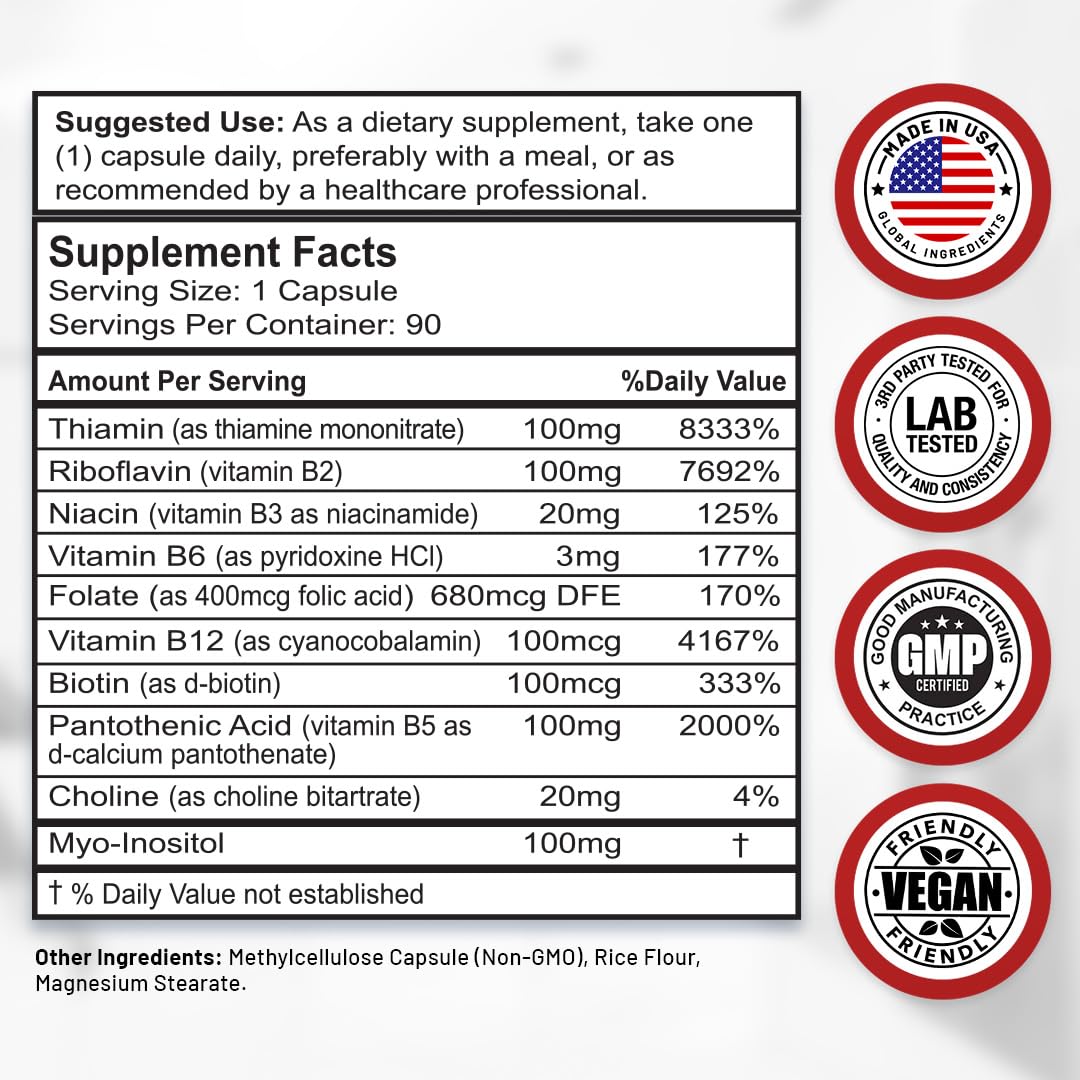 Divine Bounty B-Complex bottle label shows ingredients like B12 and folic acid