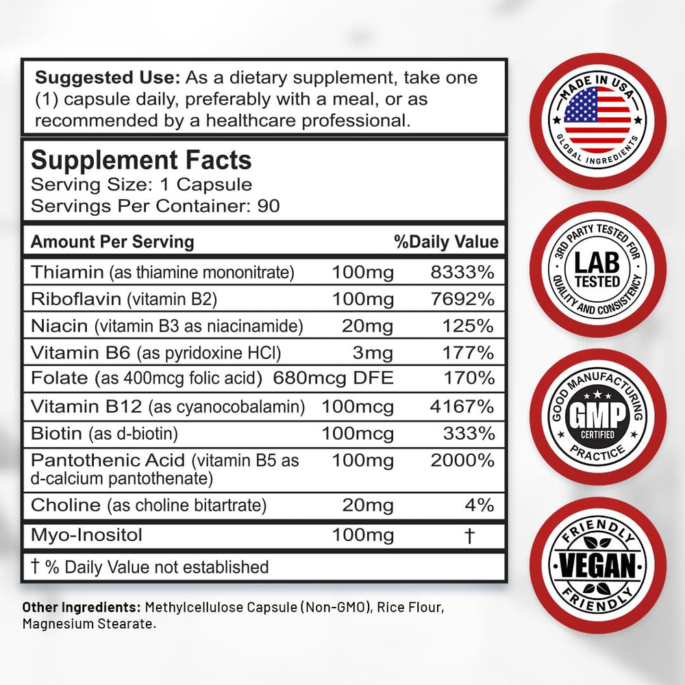 Divine Bounty B-Complex bottle label shows ingredients like B12 and folic acid