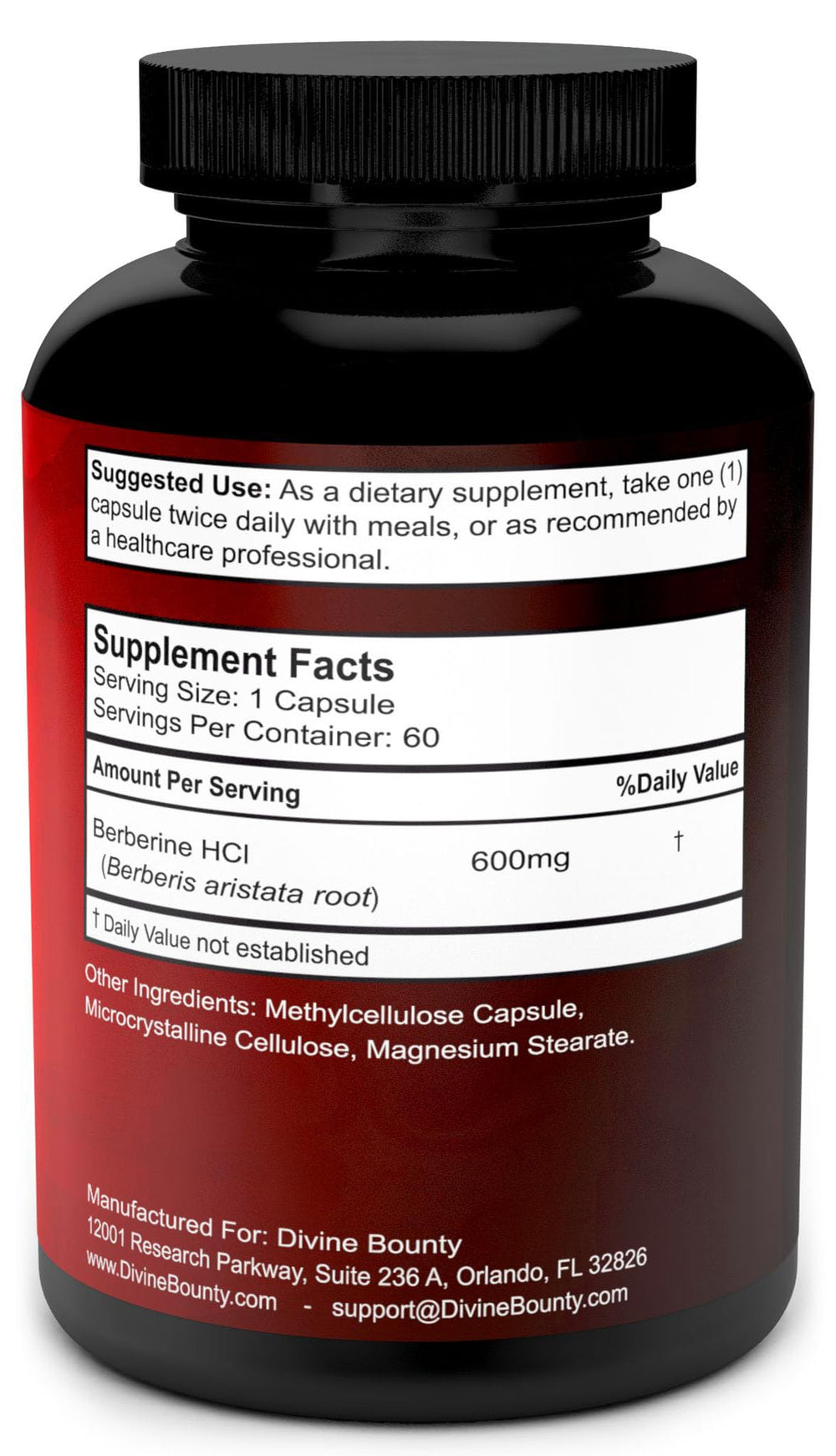 Divine Bounty Berberine 600 mg capsule highlighting potent daily use and convenience