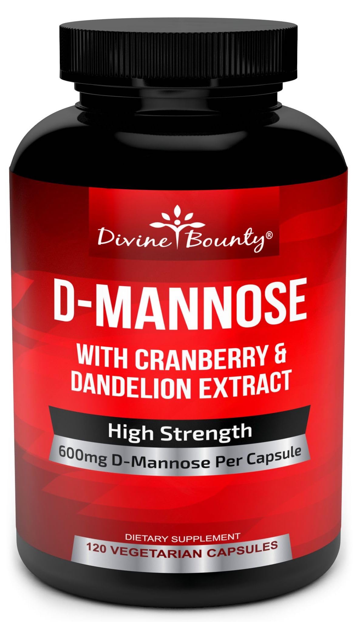 Divine Bounty D-Mannose bottle showing 600mg per capsule and supplement details