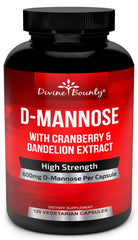 Divine Bounty D-Mannose bottle showing 600mg per capsule and supplement details