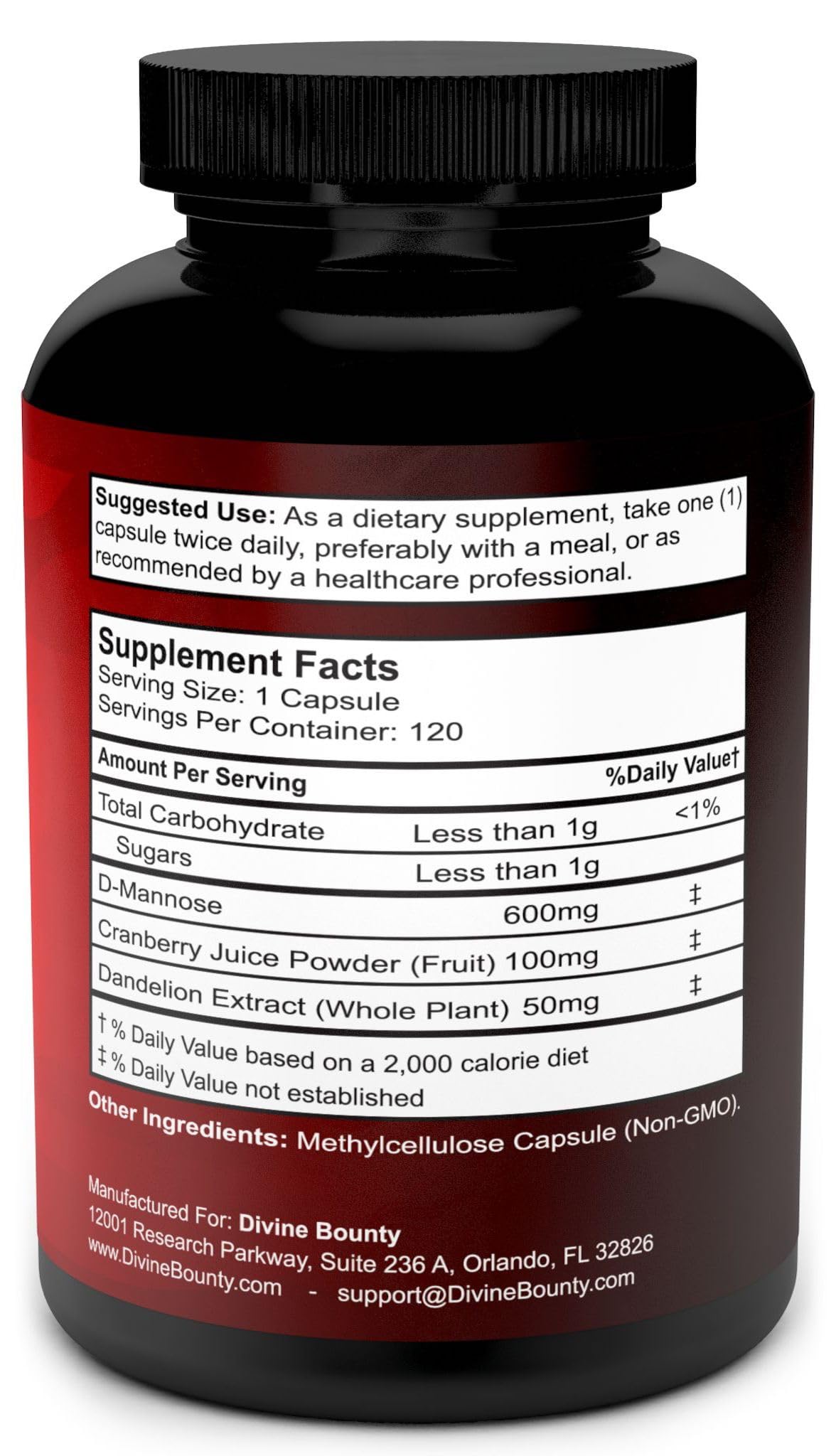 Divine Bounty D-Mannose capsules with cranberry and dandelion ingredients