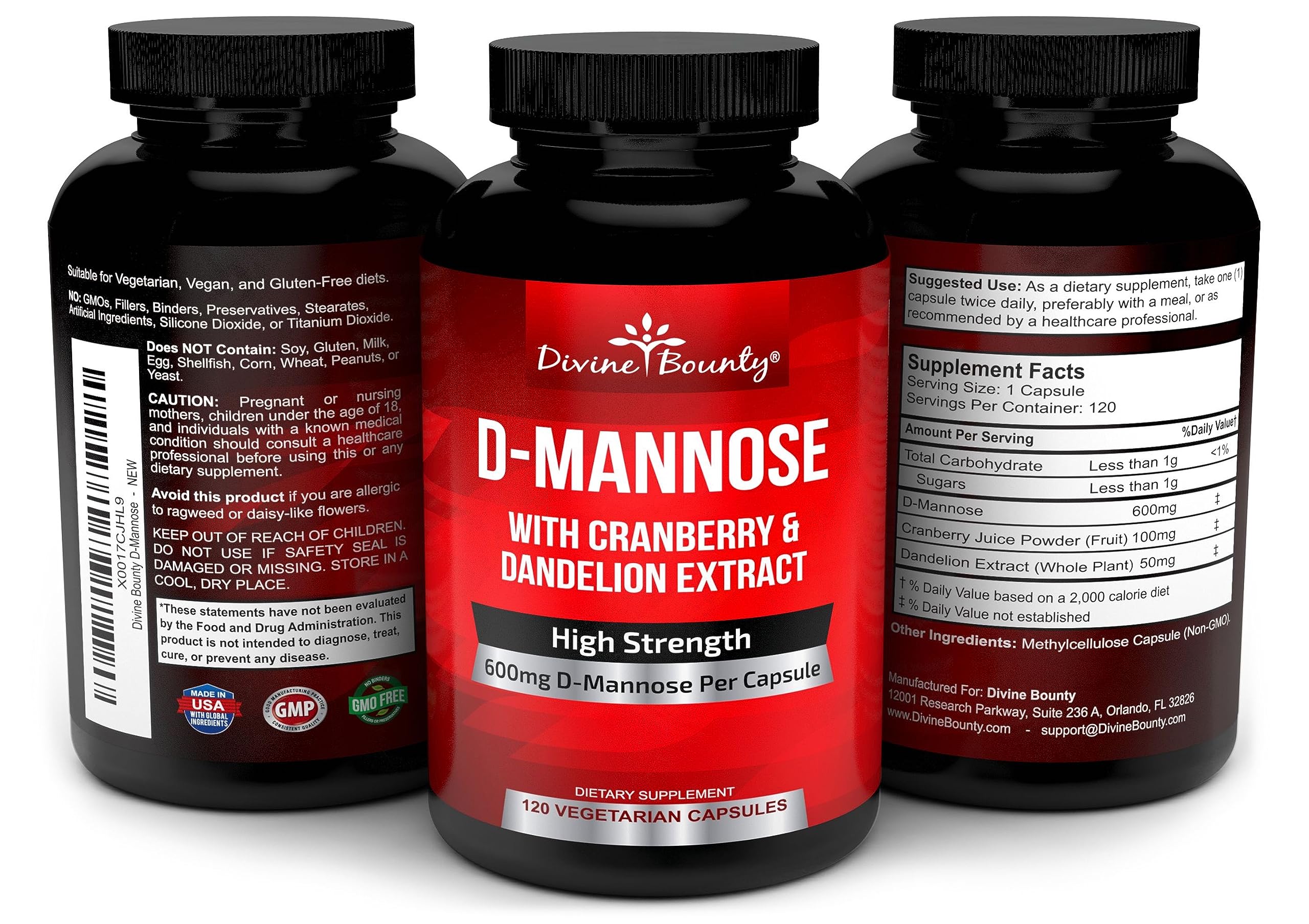 Divine Bounty D-Mannose capsules manufactured in the USA in an inspected facility
