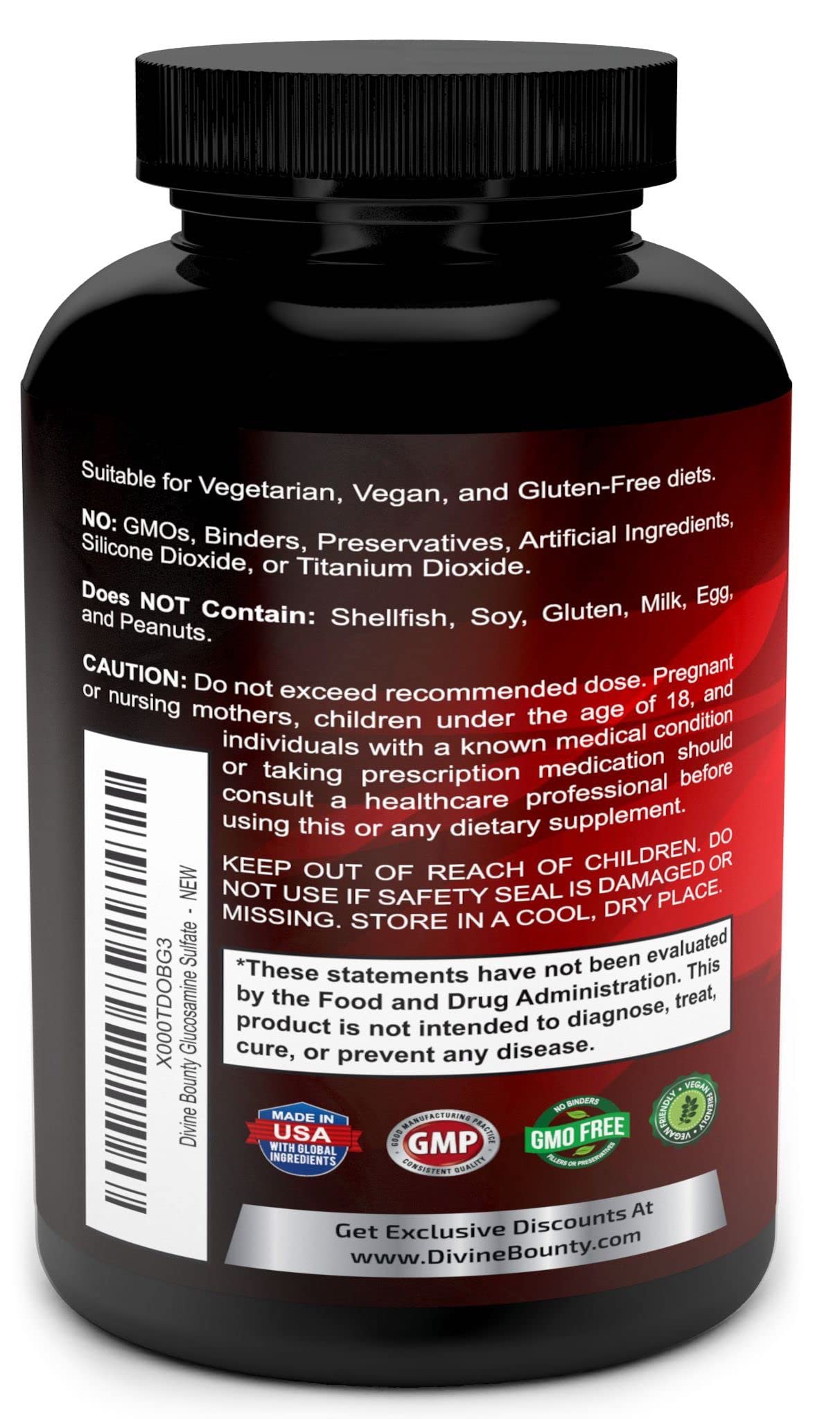 Divine Bounty glucosamine sulfate MSM ingredients banner shows no GMO