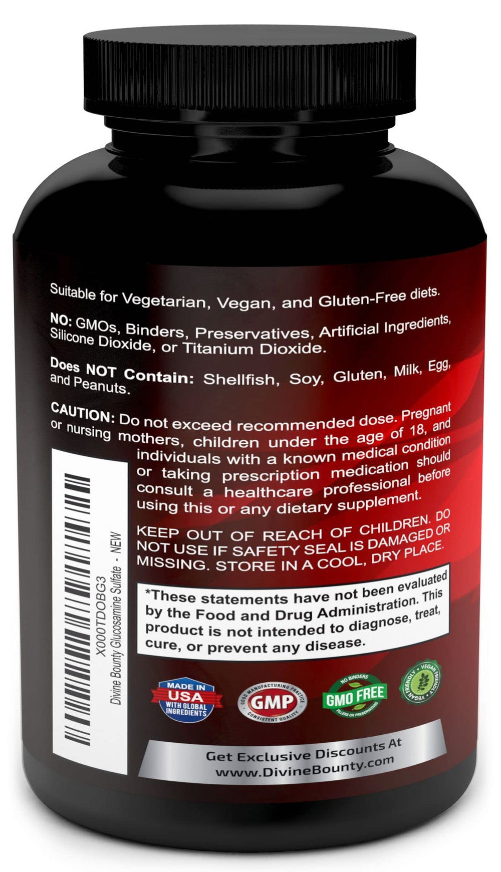 Divine Bounty glucosamine sulfate MSM ingredients banner shows no GMO