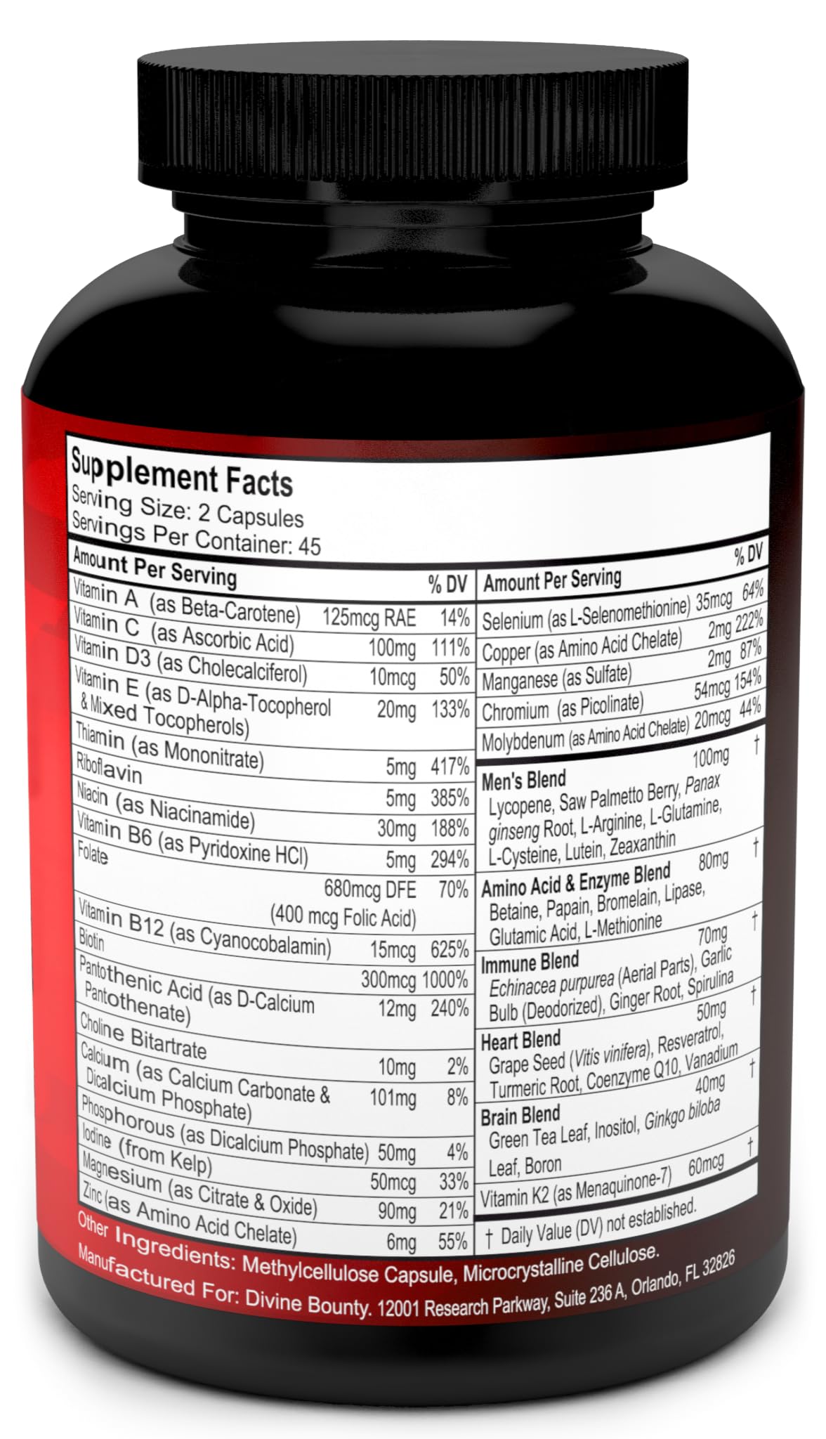 Divine Bounty Mens Multivitamin ingredient blend closeup with enzyme herbs
