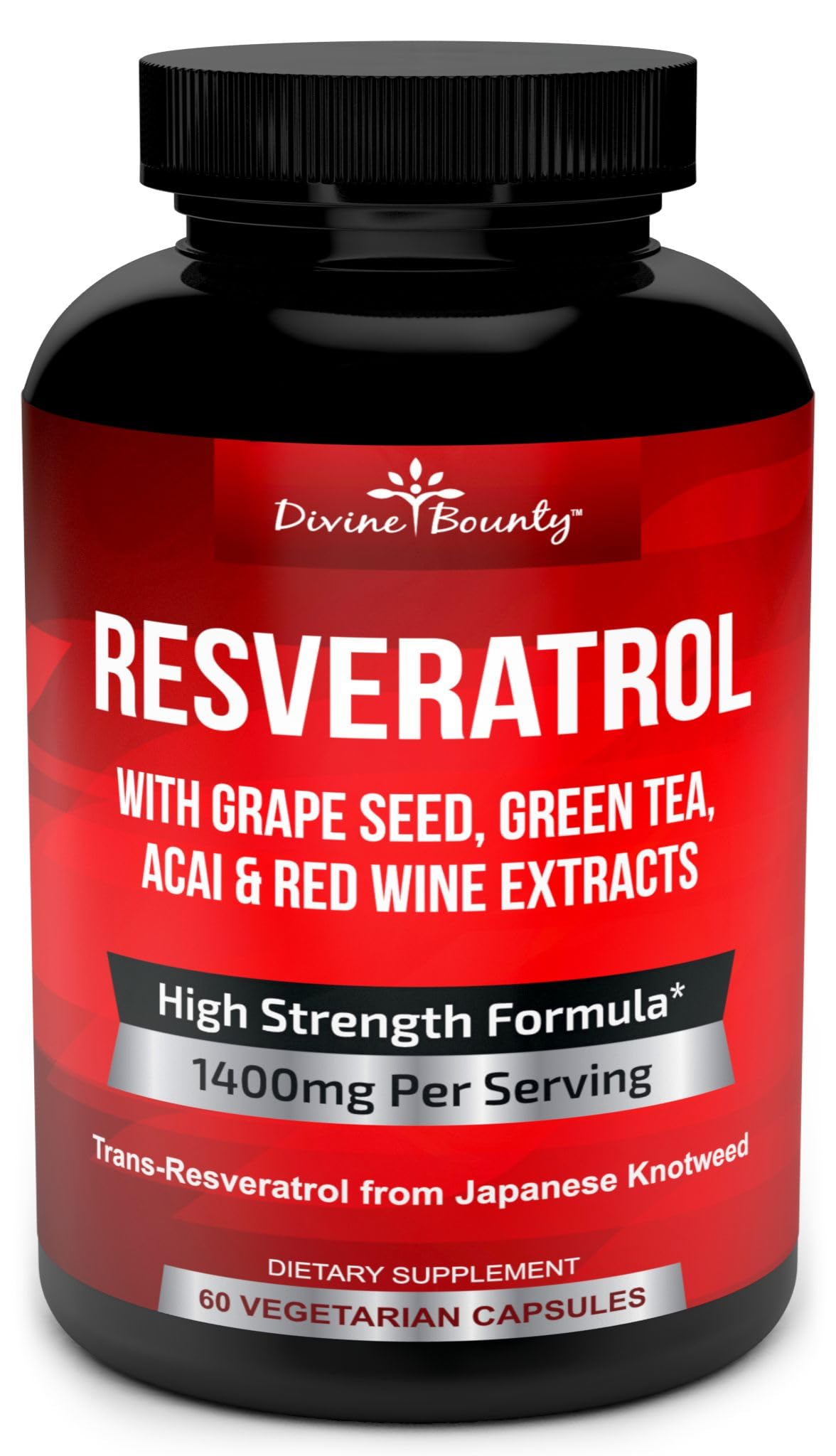 Divine Bounty Resveratrol bottle front highlighting 1400mg potency for daily wellness