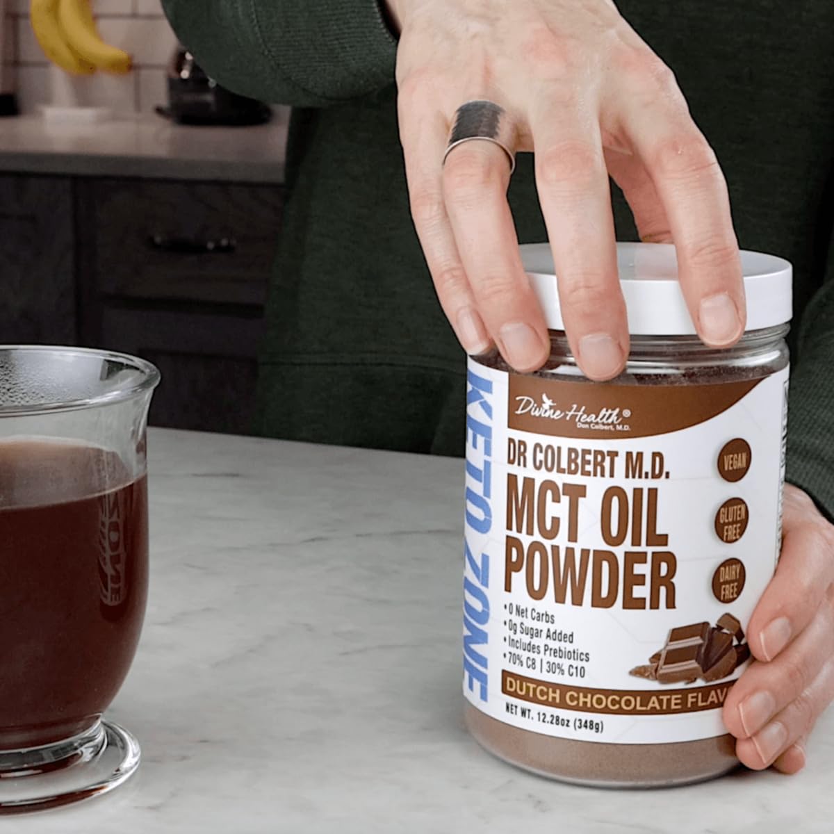 Divine Health Keto Zone MCT Dutch Chocolate coffee creamer idea for creamy mornings