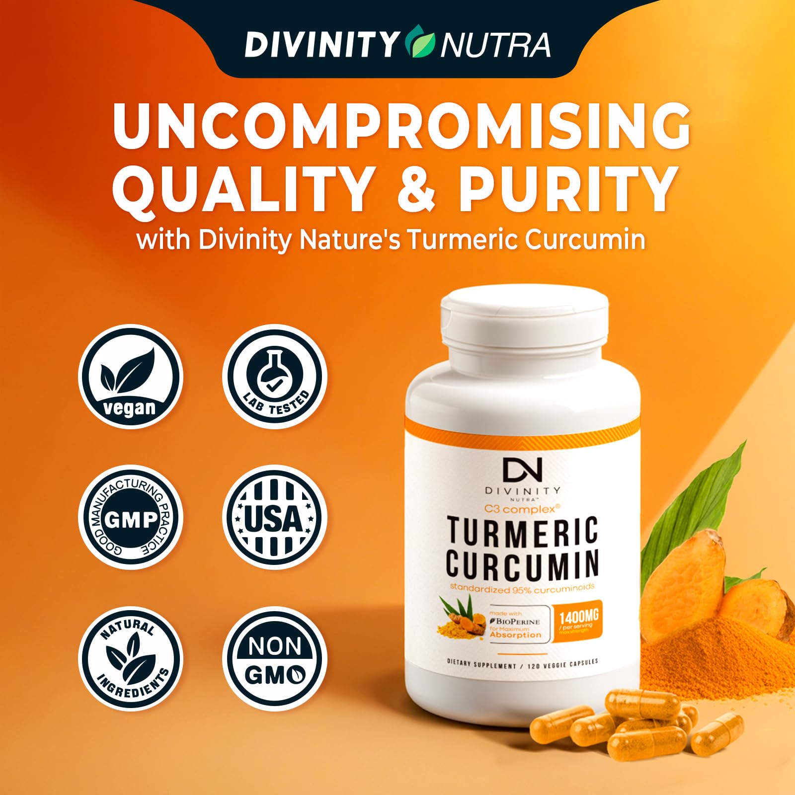Divinity Nutra Curcumin capsules ready for daily supplementation
