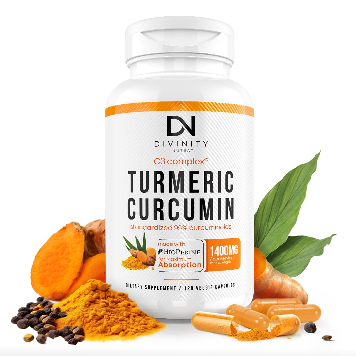 Divinity Nutra Turmeric Curcumin bottle with label signaling high curcuminoid content for daily wellness