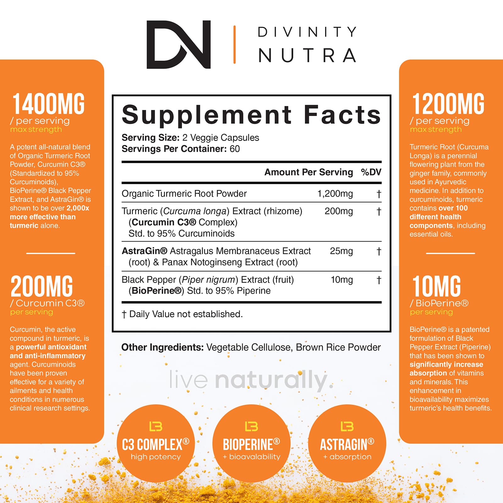 Divinity Nutra Turmeric Curcumin label closeup highlighting 95% curcuminoids for potent antioxidant support