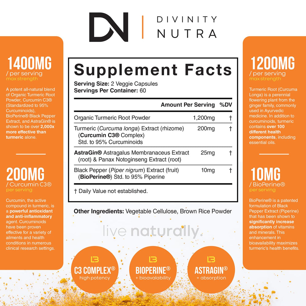 Divinity Nutra Turmeric Curcumin label closeup highlighting 95% curcuminoids for potent antioxidant support