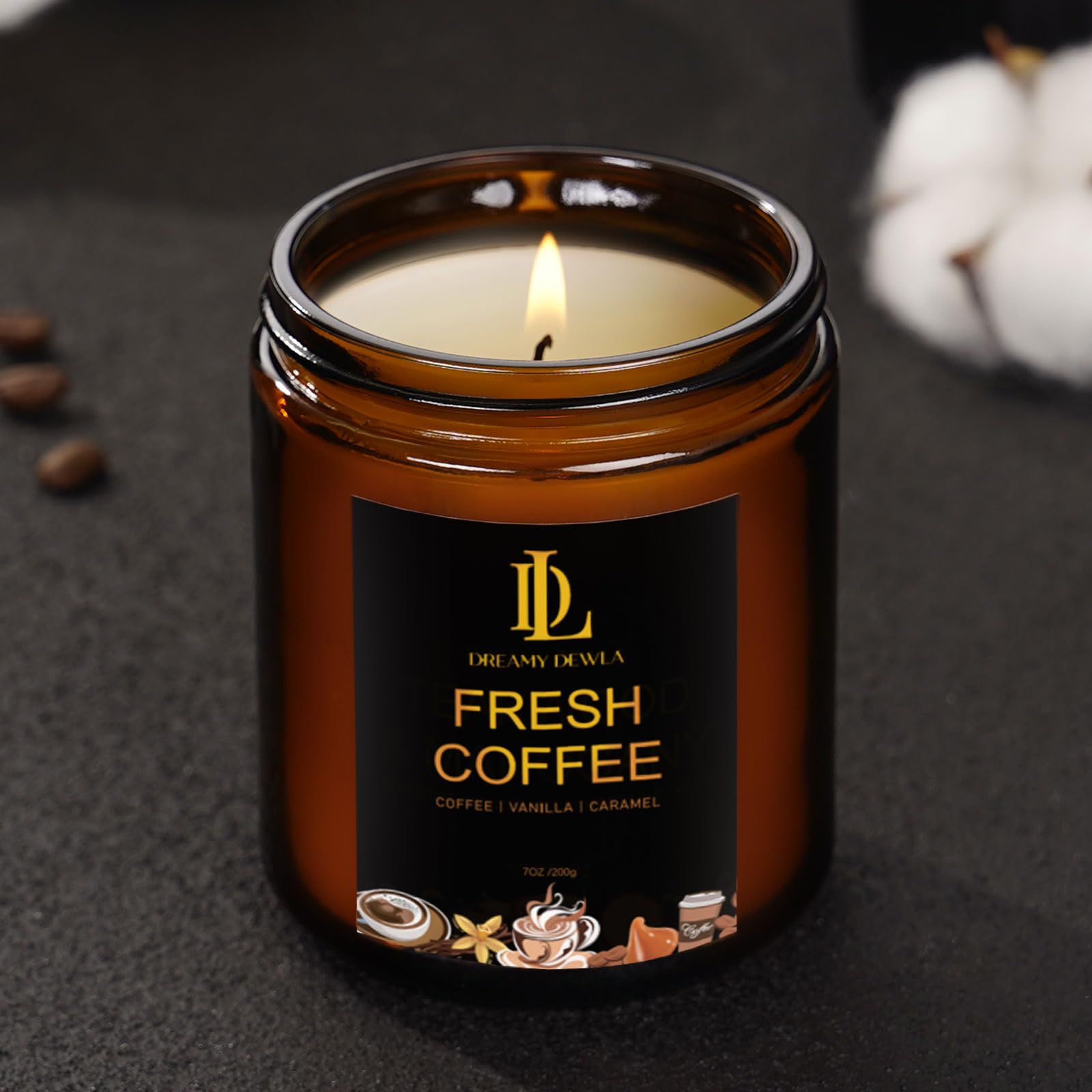 DL DREAMY DEWLA coffee candle on desk suggests calm focus.