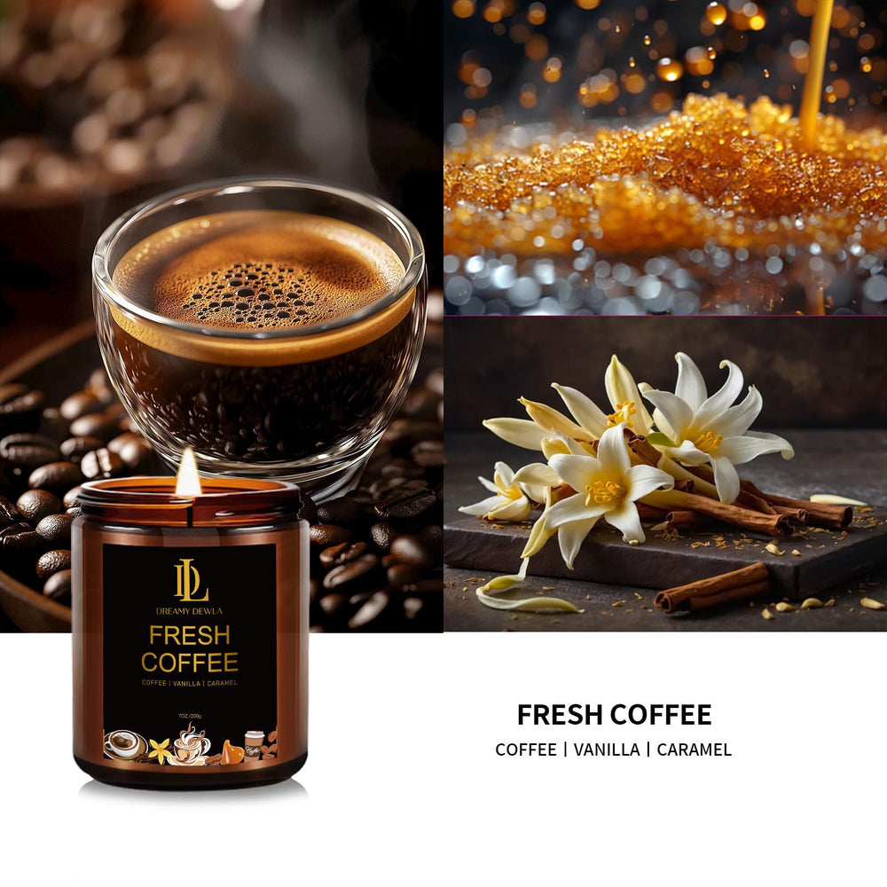 DL DREAMY DEWLA coffee candle closeup highlights rich aroma and premium soy.
