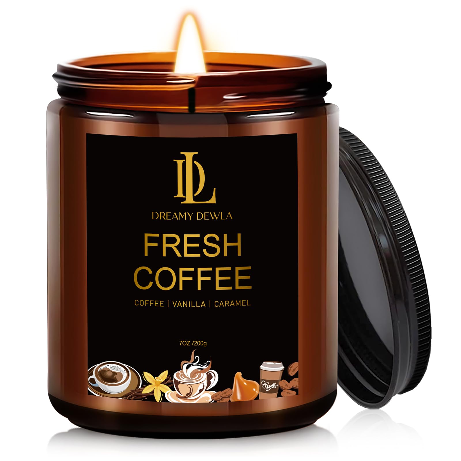 DL DREAMY DEWLA Fresh Coffee Candle jar creates a cozy morning ambiance.