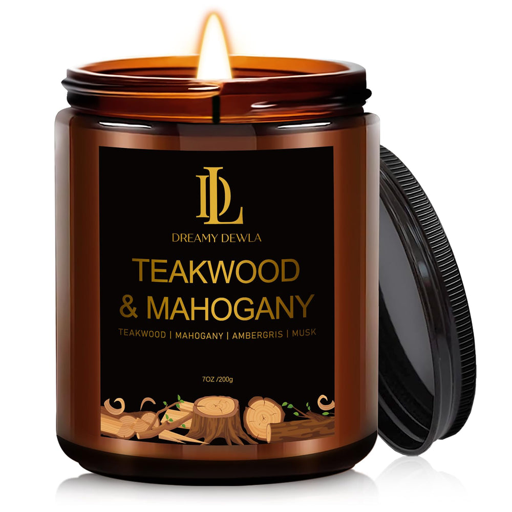 DL Dreamy Dewla Teakwood Mahogany candle jar enhances ambiance with a warm, woodsy scent