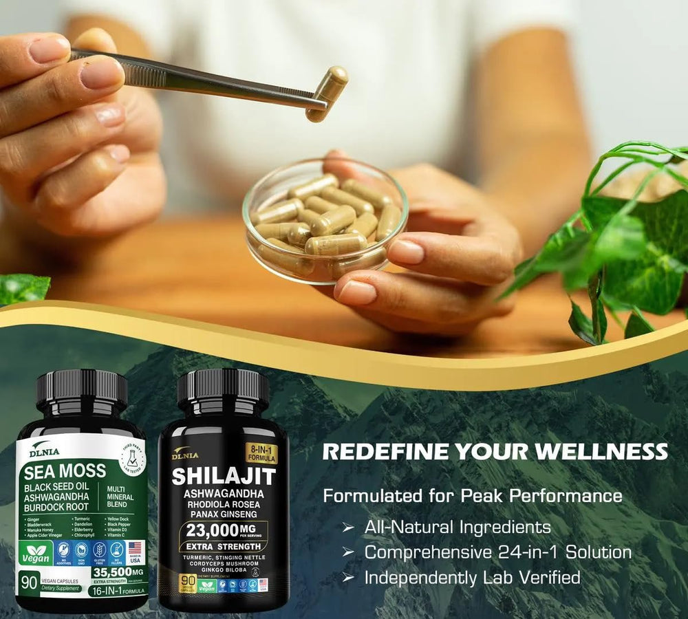 DLNIA Ashwagandha 5000mg capsules positioned for stress resilience