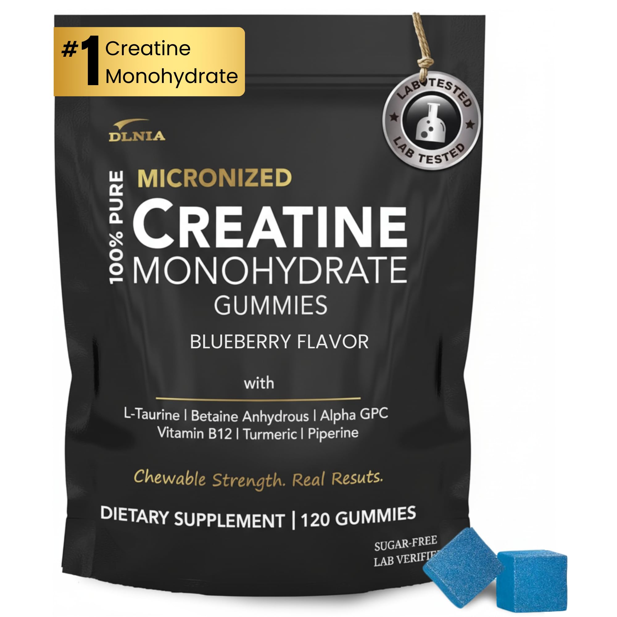 DLNIA Creatine Monohydrate Gummies bottle showcases blueberry flavor for convenient pre-workout energy.