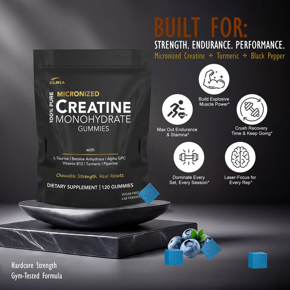 DLNIA Creatine Monohydrate Gummies bottle with pour-friendly packaging.