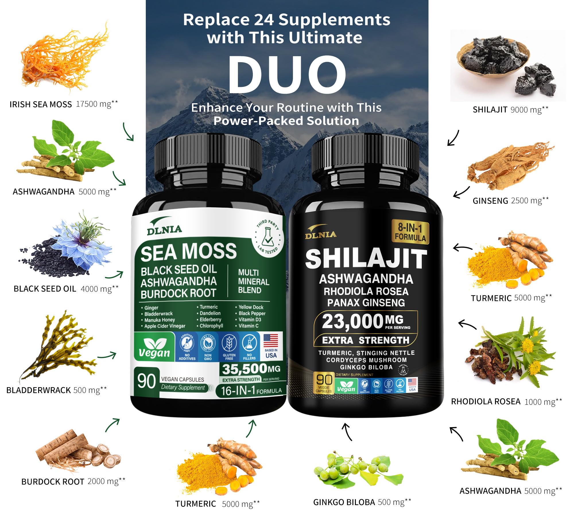 DLNIA Sea Moss 17500mg capsules highlighting mineral-rich blend