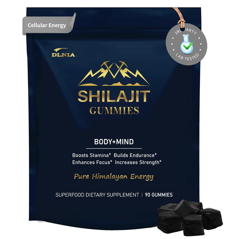 DLNIA Shilajit Gummies bottle with Ashwagandha and Turmeric supports natural energy.