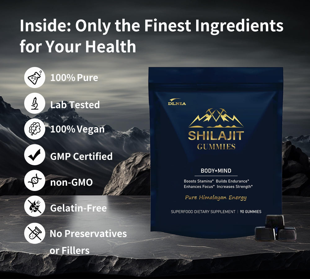 DLNIA Shilajit gummies Himalayan origin map highlights natural sourcing.