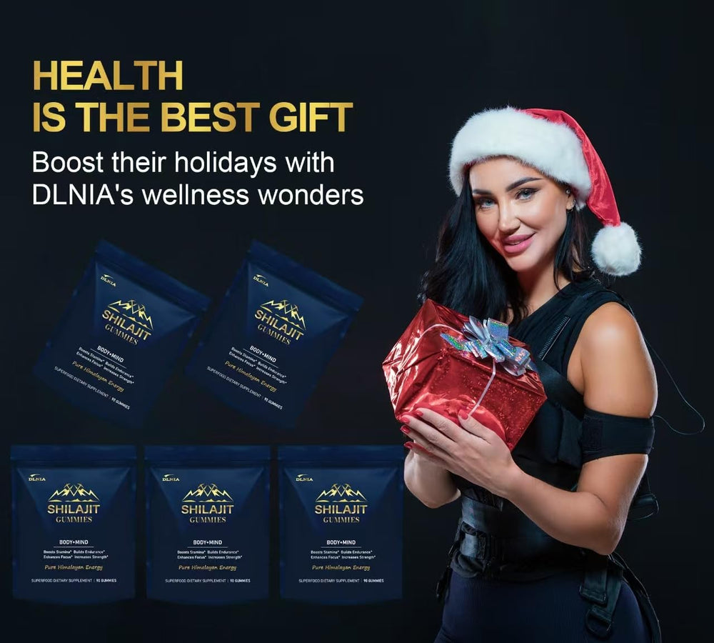 DLNIA Shilajit Gummies ingredients pack emphasizing vegan, non-GMO, lab-tested quality.
