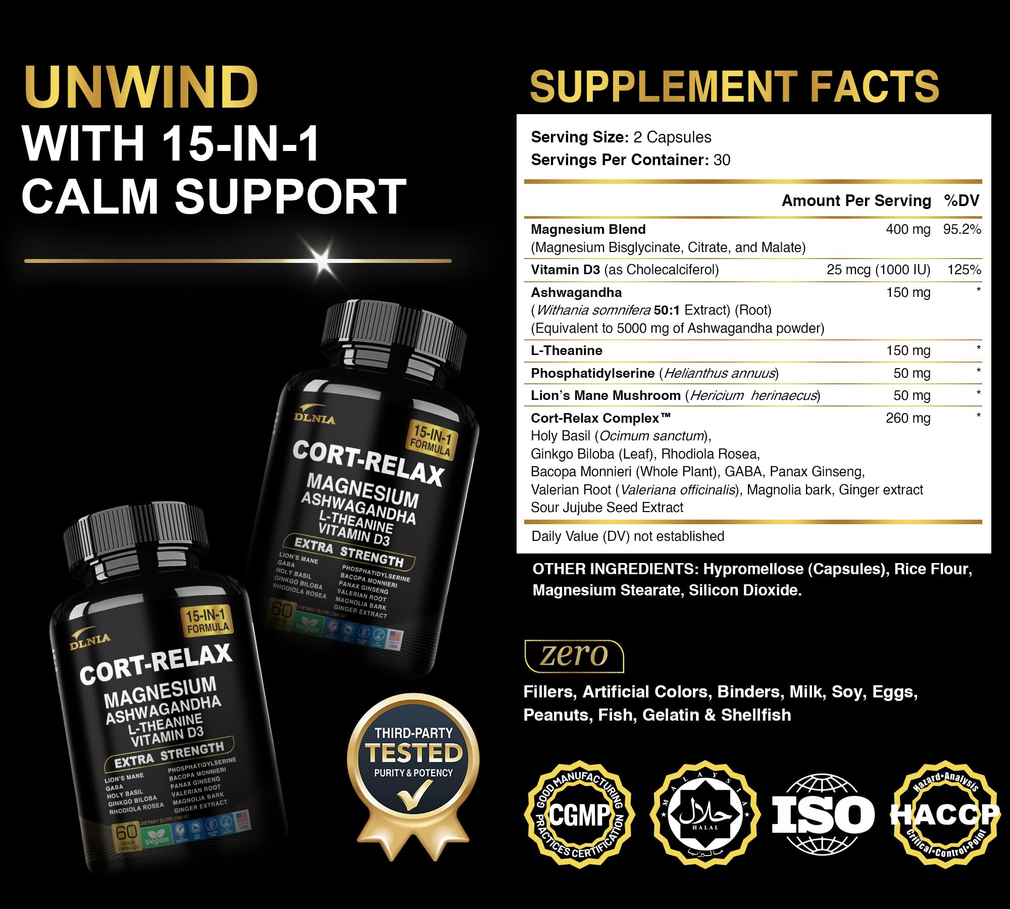 DLNIA Super Calm packaging front reveals complete cortisol-support blend