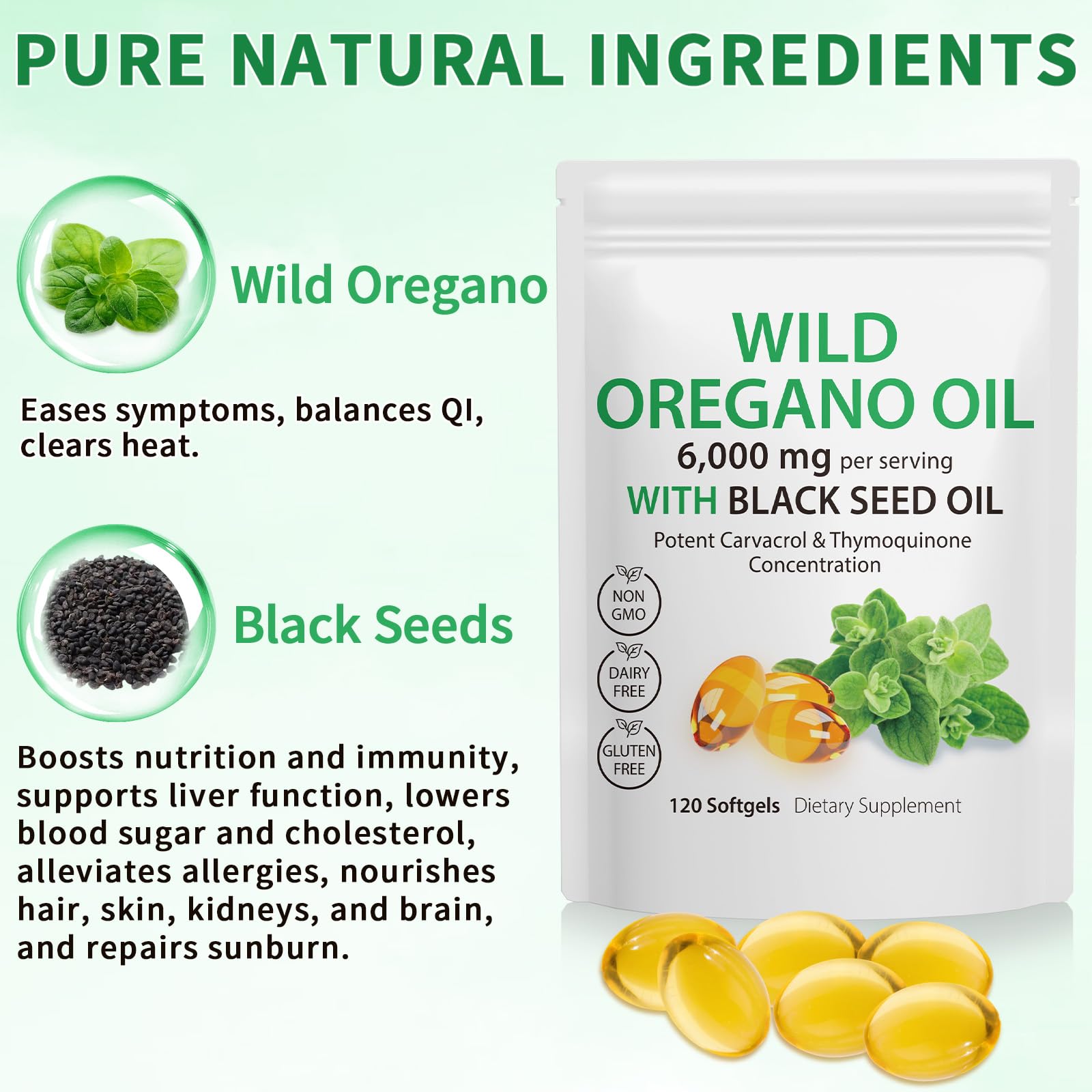 DLOMFVFQ 2in1 formula softgels bottle closeup showing oregano and black seed oil synergy for daily wellness