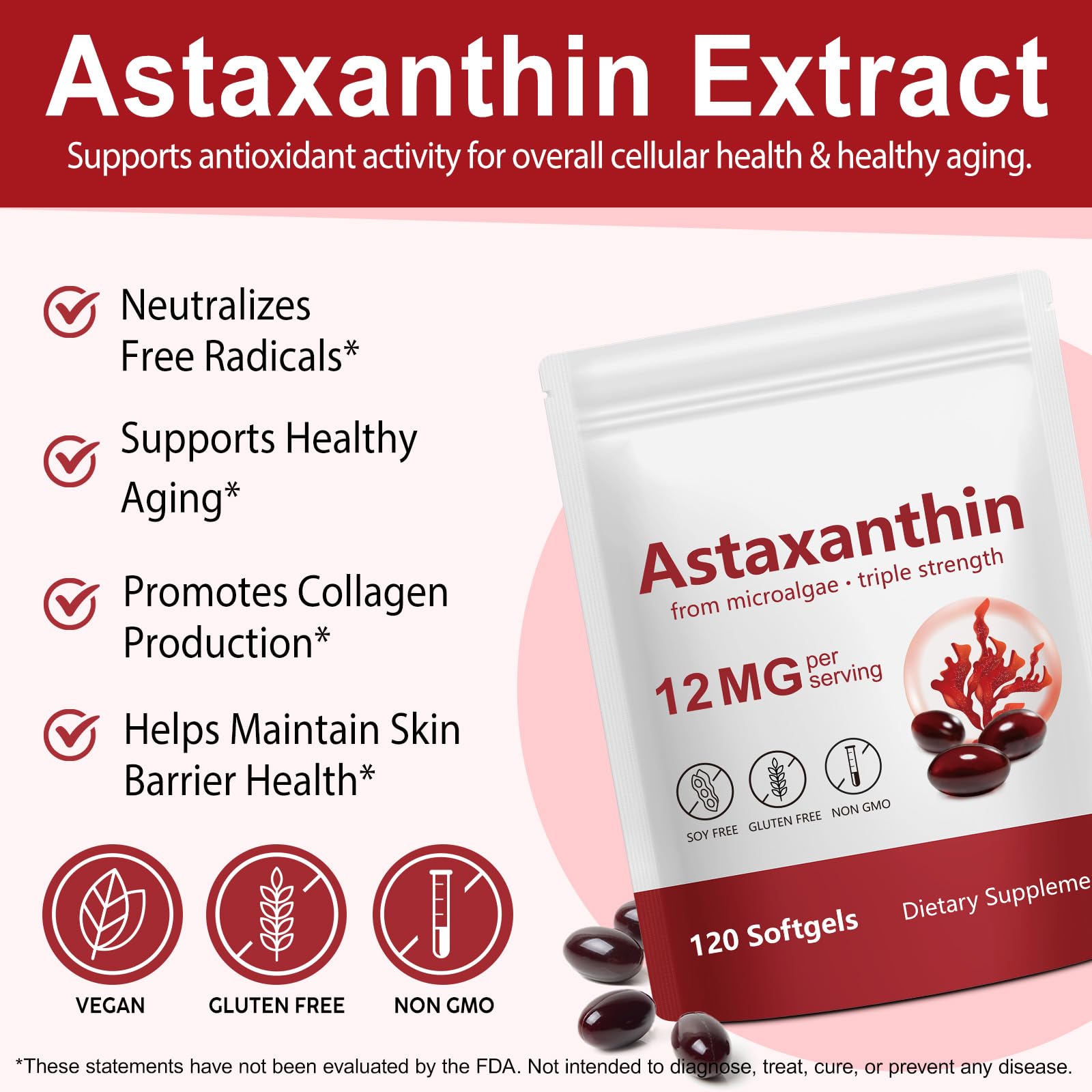 DLOMFVFQ astaxanthin label detail highlighting 12 mg potency and natural source