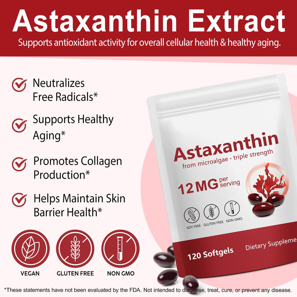 DLOMFVFQ astaxanthin label detail highlighting 12 mg potency and natural source