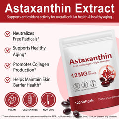 DLOMFVFQ astaxanthin label detail highlighting 12 mg potency and natural source