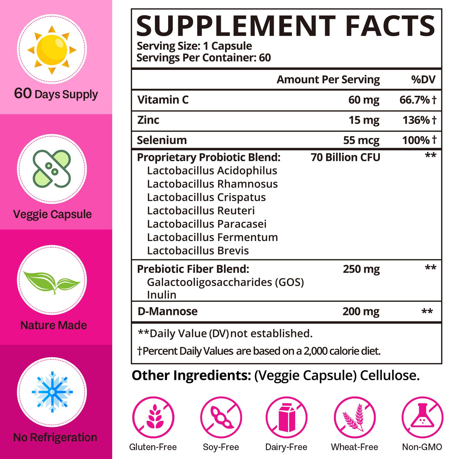 Dmeisy 70B CFU capsule delivers probiotic blend for gut and urinary balance.