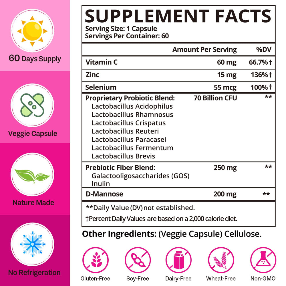 Dmeisy 70B CFU capsule delivers probiotic blend for gut and urinary balance.