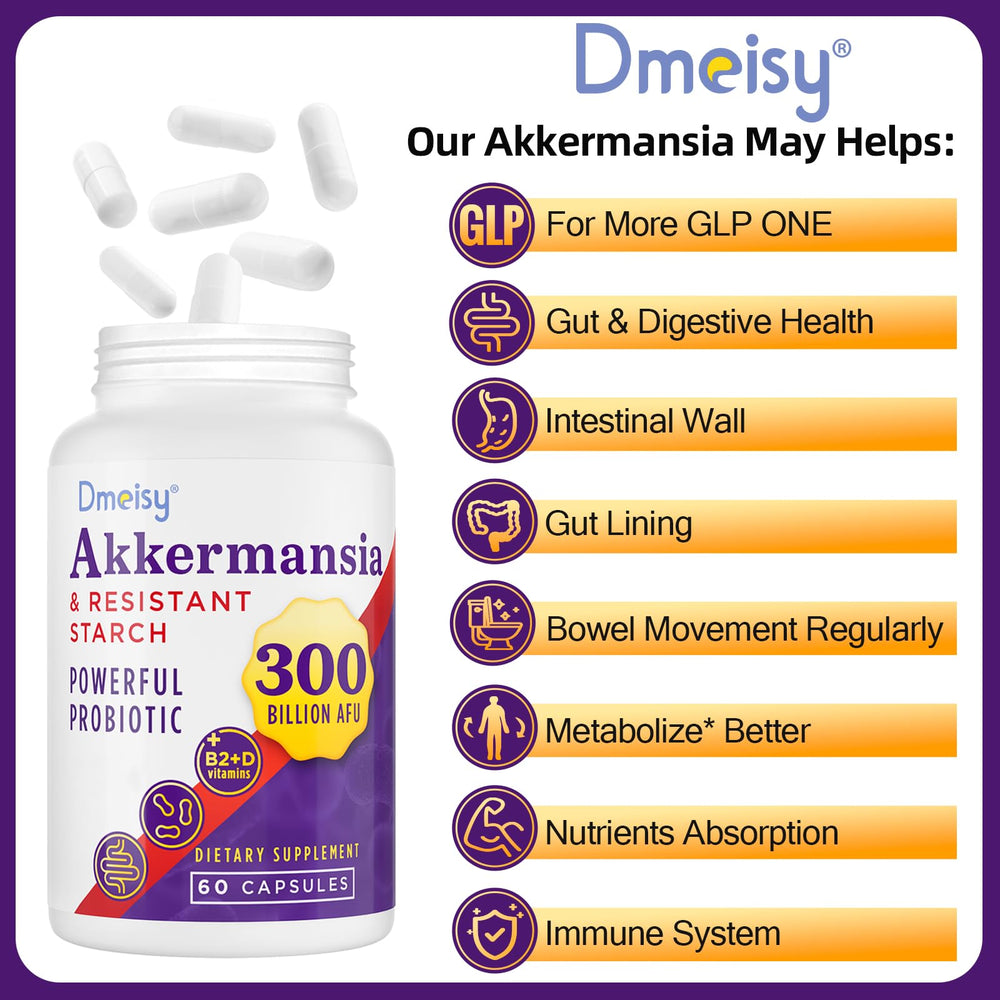 Dmeisy Akkermansia packaging box showing shelf-stable probiotic