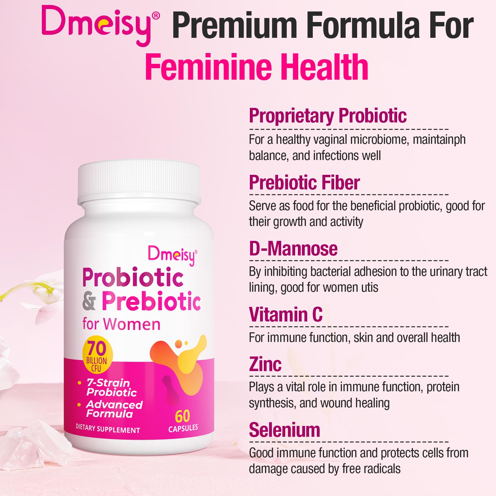 Dmeisy delayed-release capsules protect probiotics through stomach acid.