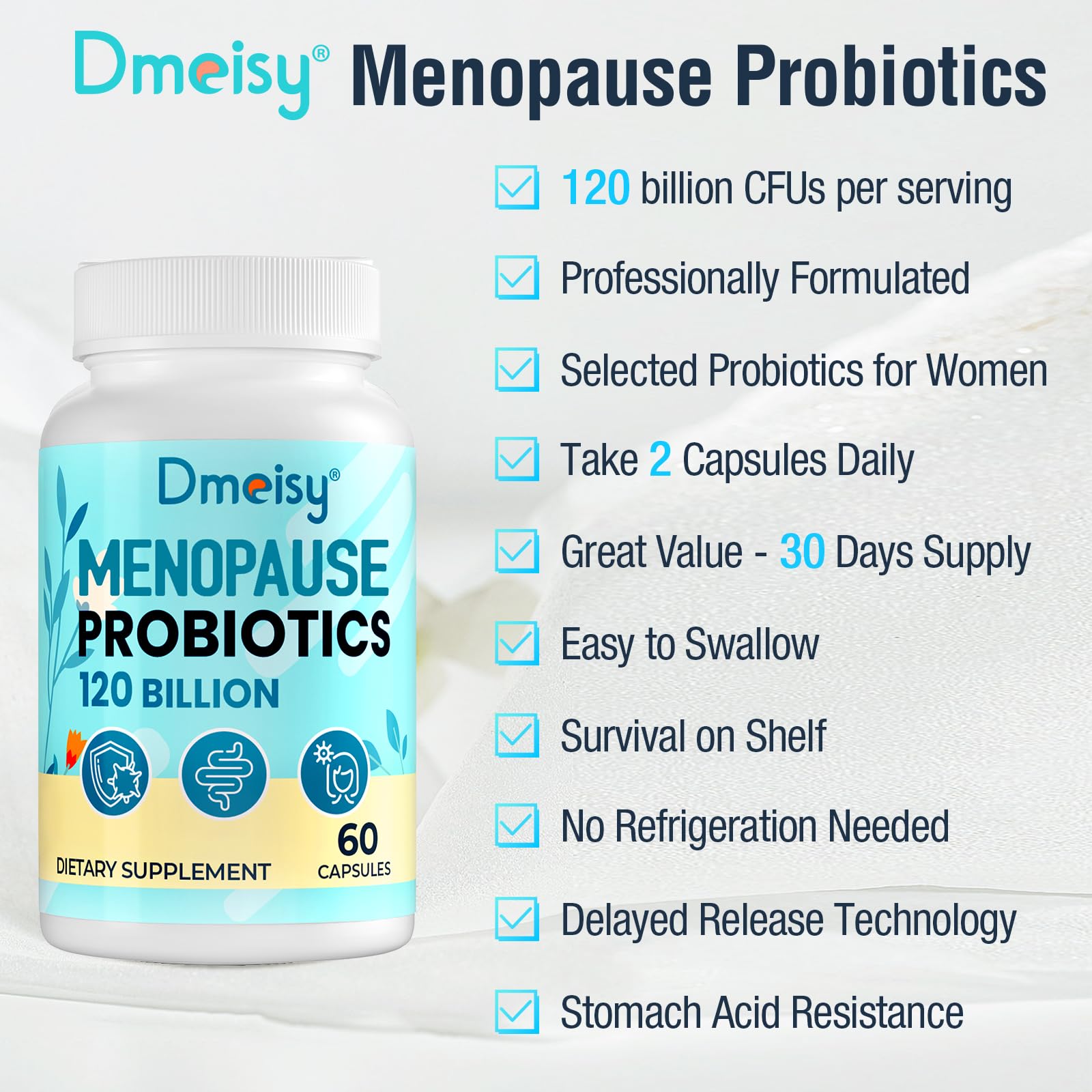 Dmeisy dispensing capsules next to glass of water for daily use.