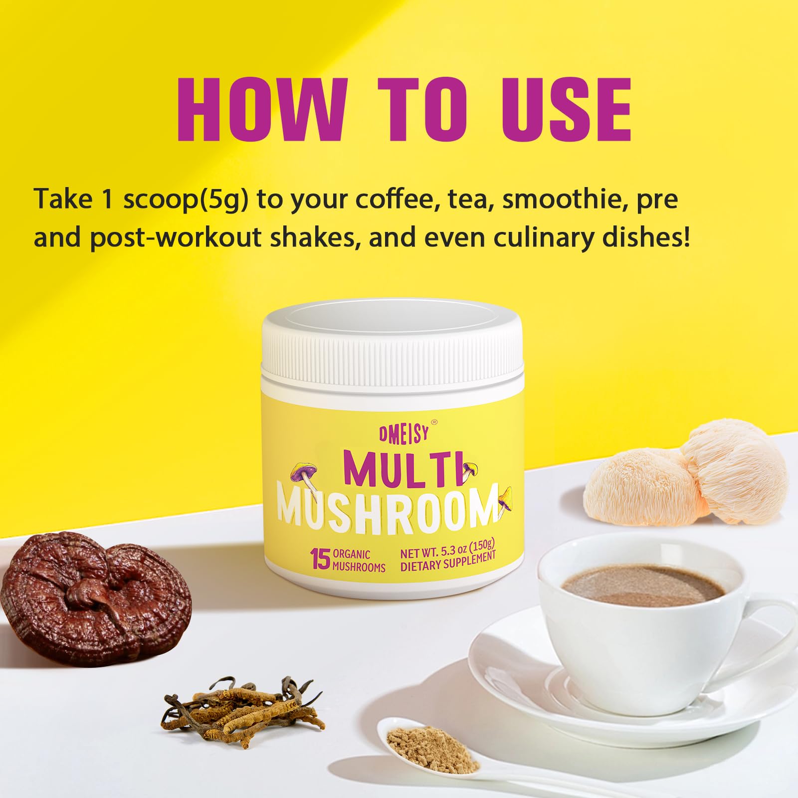 Dmeisy Mushroom Powder packaging with clear ingredients list for transparency