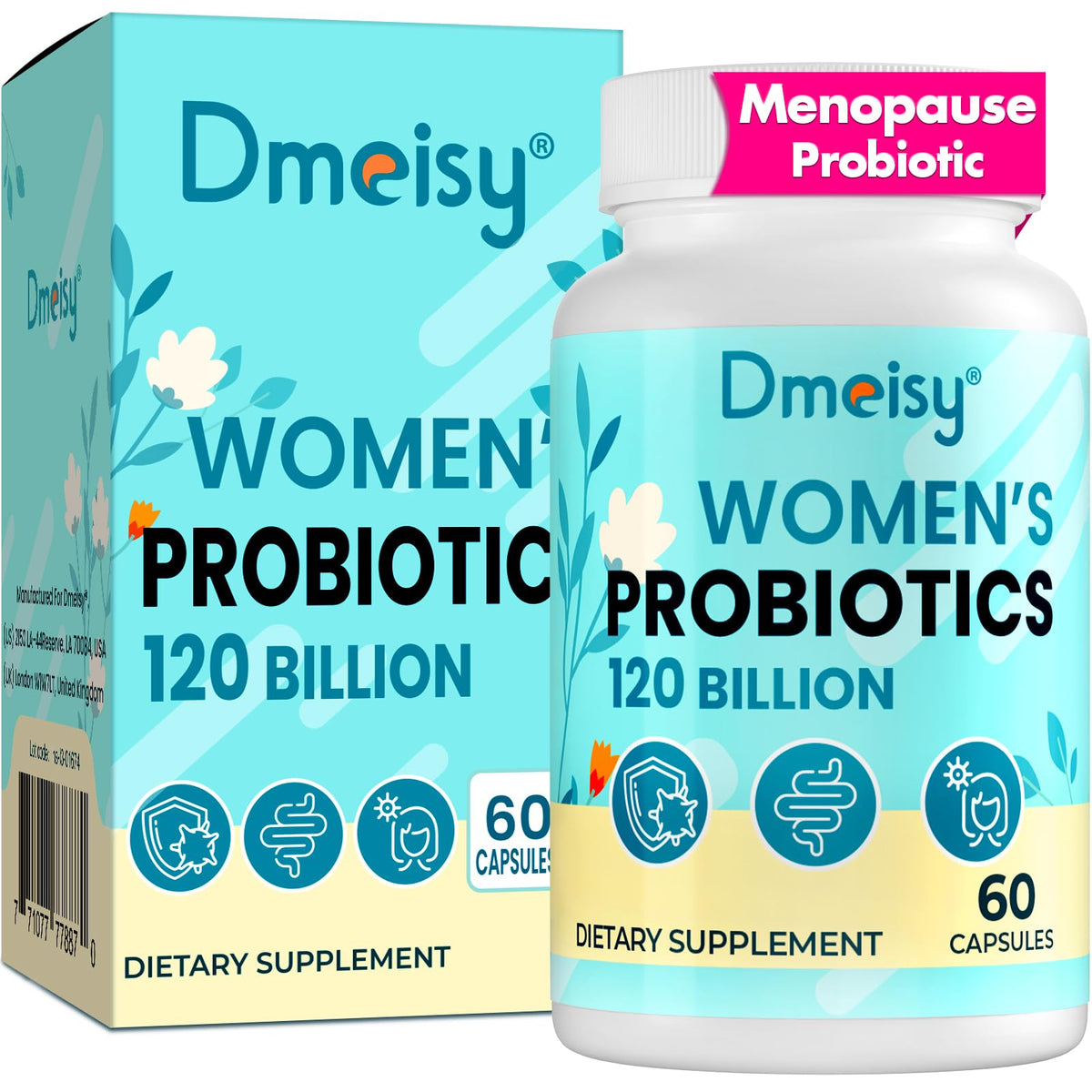 Dmeisy menopause probiotic bottle front promoting digestive comfort and wellbeing.