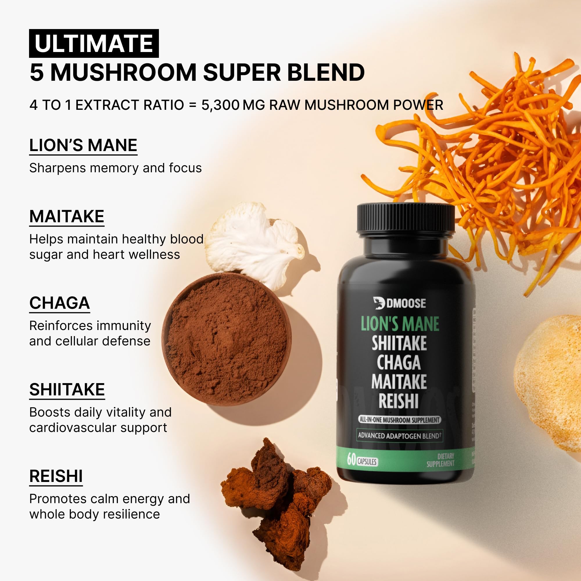 Daily wellness caps with 5 mushrooms support energy without jitters.