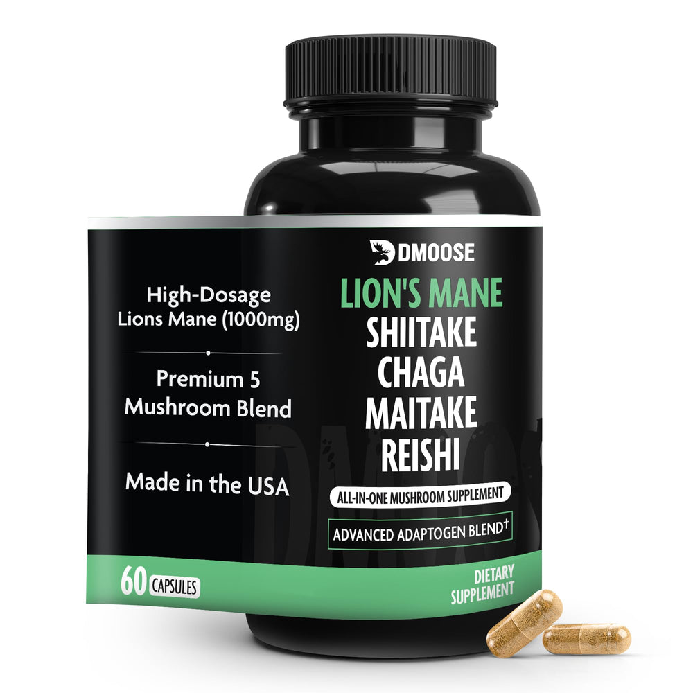 DMoose Fitness Lions Mane 5-mushroom bottle supports focus and overall wellness.