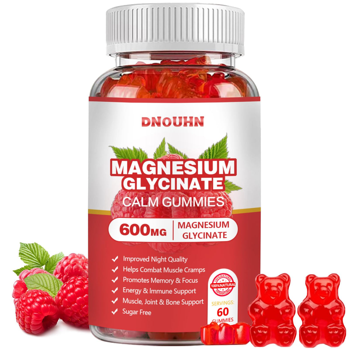 Gomitas DNOUHN magnesio glicinato frambuesa, presentación atractiva.