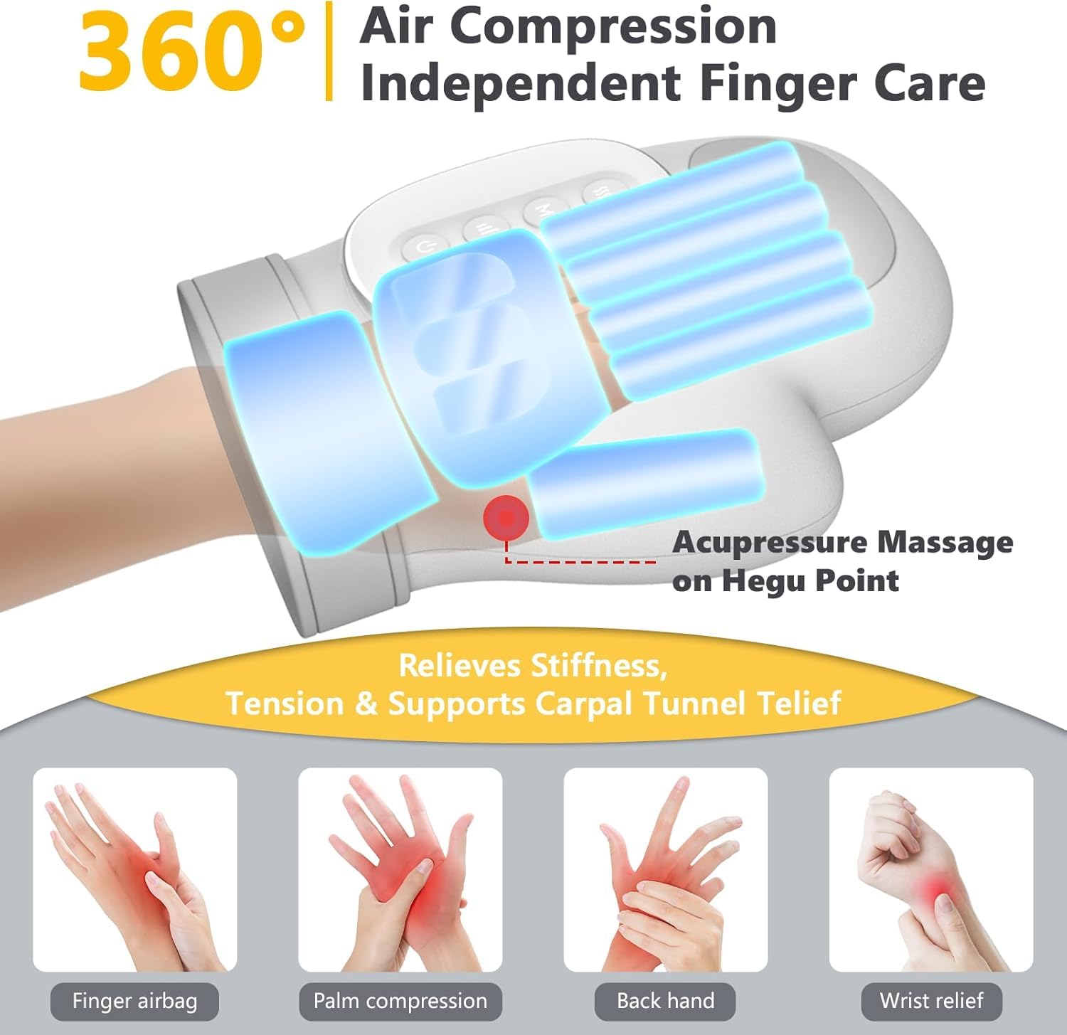 DNRPAD hand massager with 5 compression levels for tailored pressure